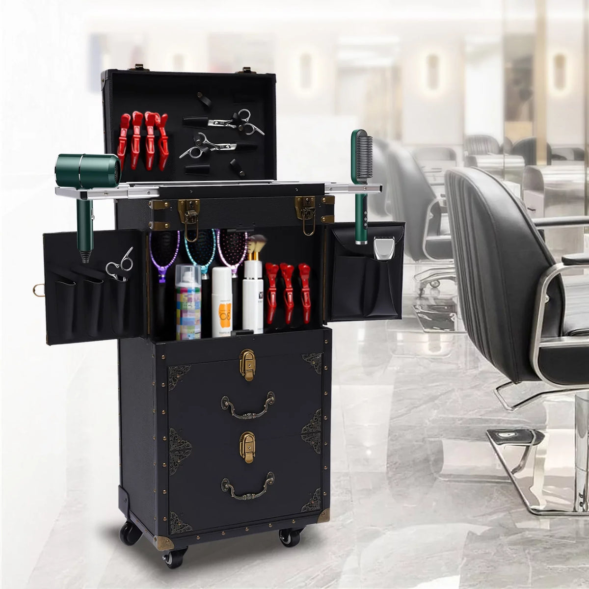 Miumaeov Rolling Lockable Makeup Train Case, Hairdressing Trolley Stylist Beauty Salon Cosmetic Luggage, Travel Organizer Tool Box with Hair Dryer Holder